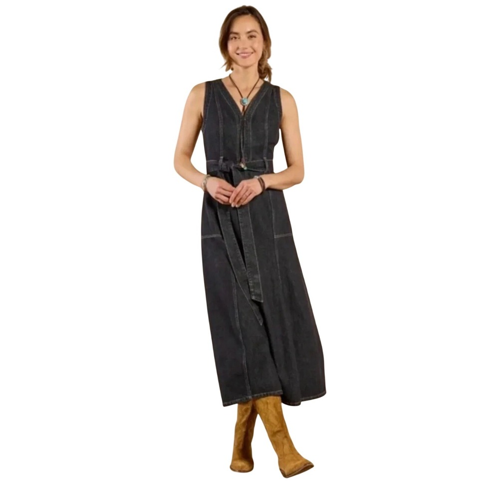 Sundance Poppy Denim Dress Dark Wash Midi Belted Boho Western (Size 6‎ Petite)